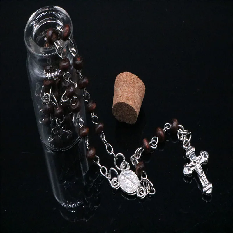 4mm Wishing Rosary Bottle Scented Wood Bead Necklace with Jesus Cross Pendant Charm for Religious Catholic Jewelry Gifts