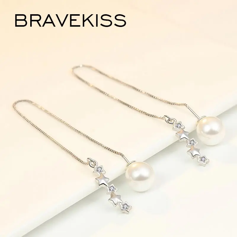 BRAVEKISS Korean Long Chain Pearl Dangle Earrings for Women Drop Earring for Women Fashion Jewelry Star Zircon brinco BUE0412