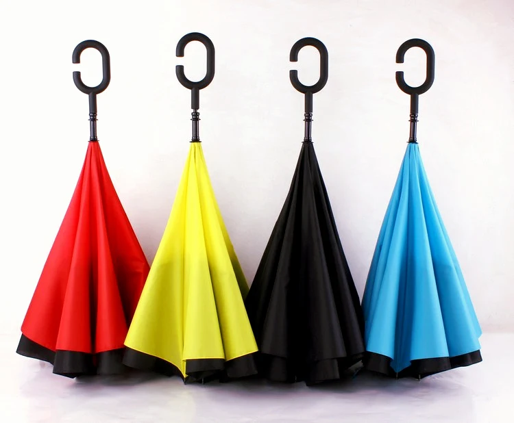 Creative inverted umbrellas double layer with C handle or J handle inside out reverse Windproof umbrella Many colors available