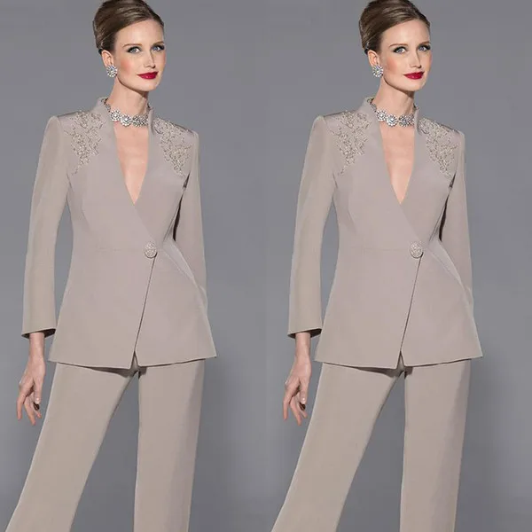 Fashion Elegant Mother Of Bride Pant Suits Long Sleeves Two Pieces Deep V-Neck Appliques Satin Custom Make Formal Suit