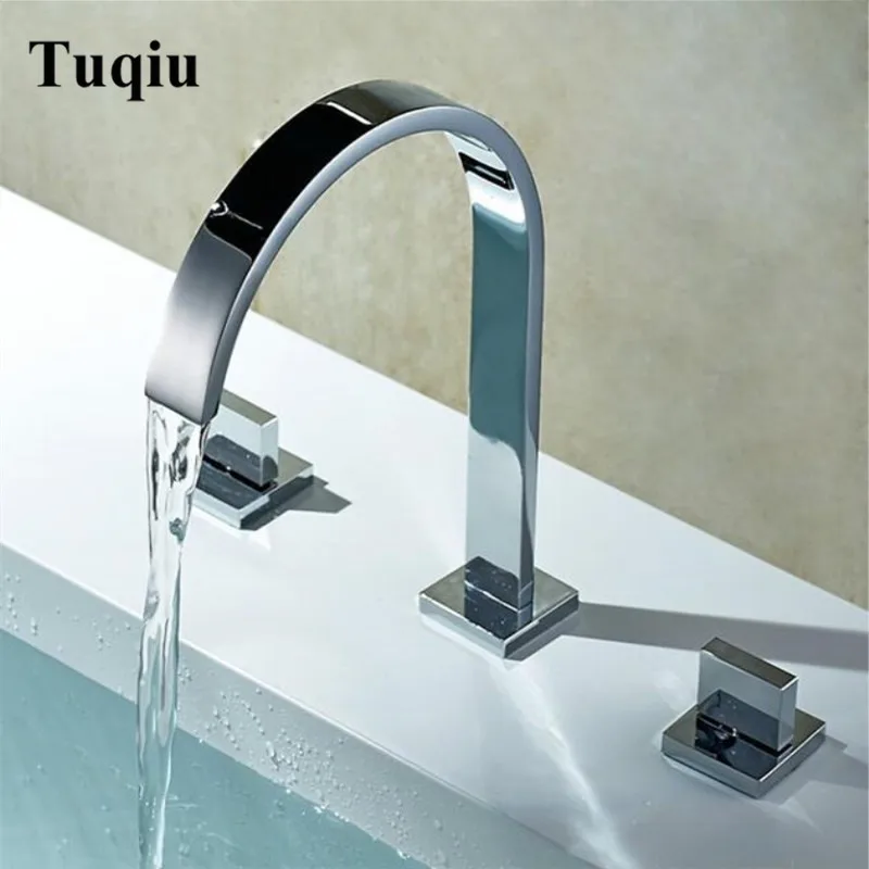 Chrome Square brass bathroom sink faucet widespread 8 inch 3 holes deck Mounted basin Mixer water mixer chrome square