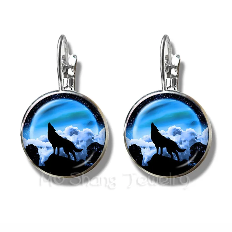 Fashion Silver Plated Stud Earrings Wolf Head Pattern Glass Metal Buckle Punk Jewelry 16mm Glass Dome Earrings Charm For Women