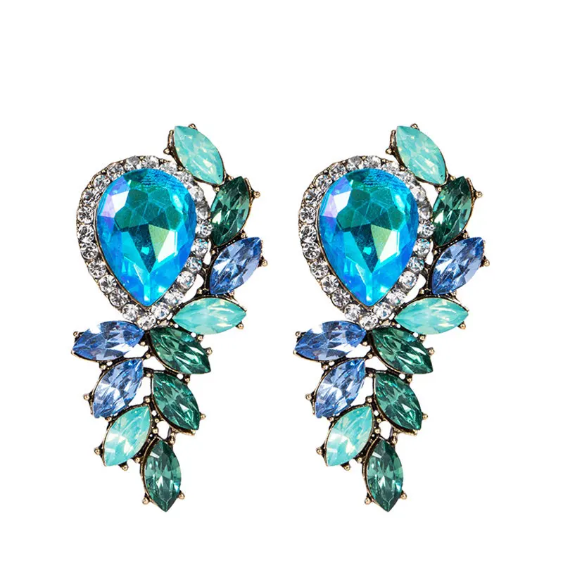 Exotic Big Waterdrop Flower Design Stud Earrings Acrylic Stone Rhinestone Decoration Piercing Earrings for Women Gift