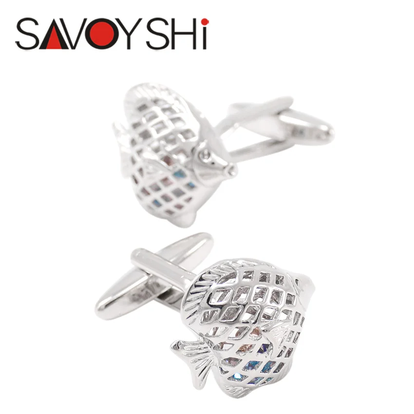 

SAVOYSHI Silver Color Fish Cufflinks for Mens French Shirt Cuff bottons High Quality Crystal Cufflinks Fashion Brand Men Jewelry