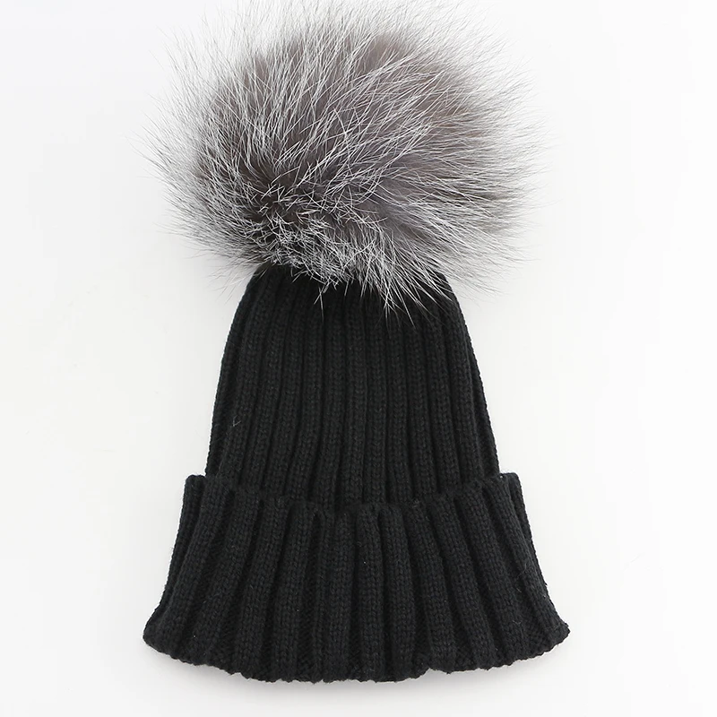 2017 Black Acrylic Winter Beanie Hat Women Real Silver Fox Fur Ball Hats Winter With Real Raccoon Fur Knitted Beanie Pom Pom Hat image 6