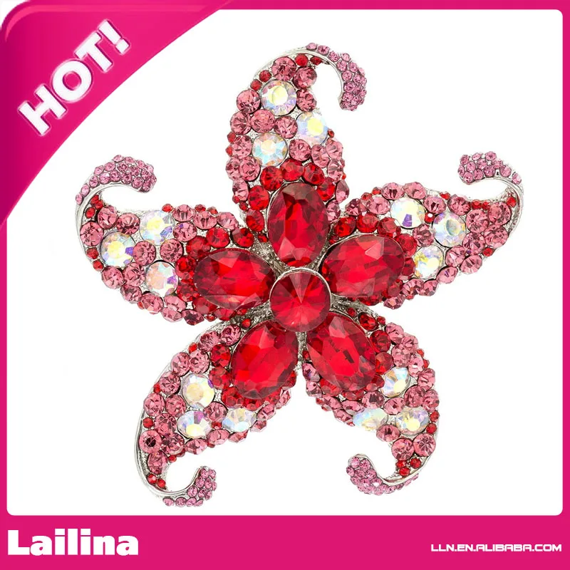 Beautiful Silver Tone Starfish Pendant Red&Pink Rhinestone Crystal Brooch Pin