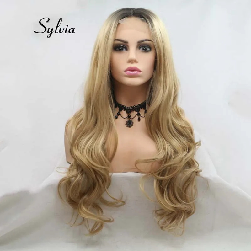 Sylvia Long Blonde Wavy Wig With Dark Roots Ombre Synthetic Lace Wig For Women Hair U Part Lace Wigs Heat Resistant Fiber Hair