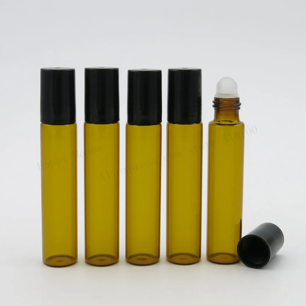 360pcs/lot 10ml Empty Amber Glass Roll On Bottle With Glass Roller Ball  Black Plastic Caps,1/3oz Perfume Roll-on Bottle