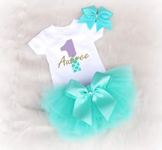 personalize little mermaid aqua birthday bodysuit onepiece creeper shirt  smash cake Tutu Dress romper Outfit Sets party gifts