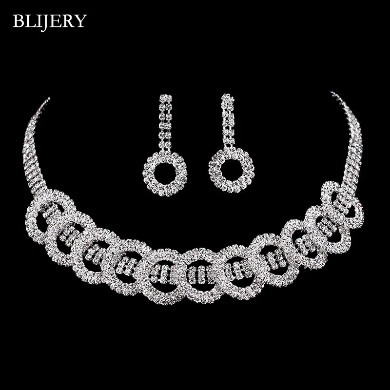 BLIJERY Silver Color Circles Design Bridal Wedding Jewelry Sets Crystal Choker Necklace Earrings for Women African Jewelry Sets