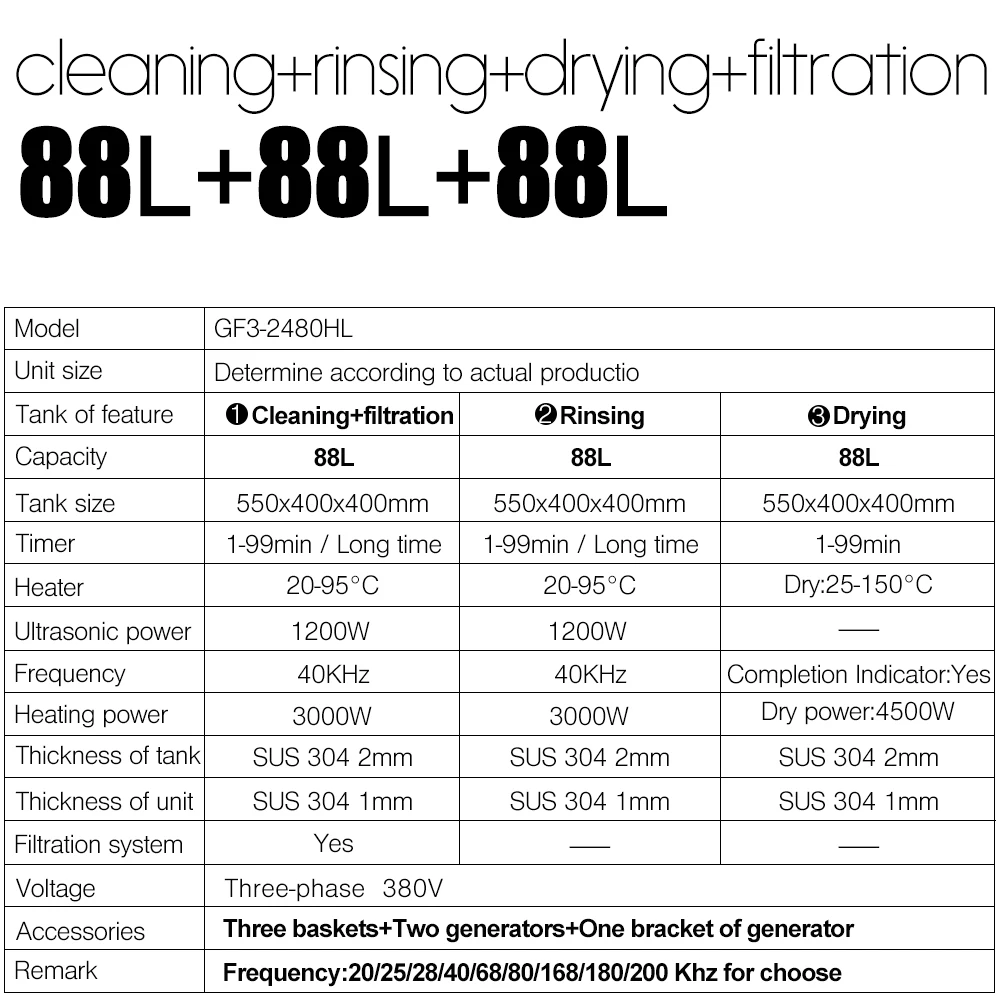Vovozinha 3x88L Industrial Multi-tanque de Limpeza Ultra-sônica Com A Lavagem Secagem Sistema de Filtração Para Auto Peças remover o óleo Do Motor