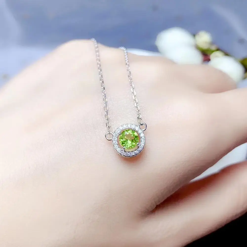 fashion green peridot gemstone  pendant for necklace silver fine jewelry natural gem  round good color birthday anniversary gift