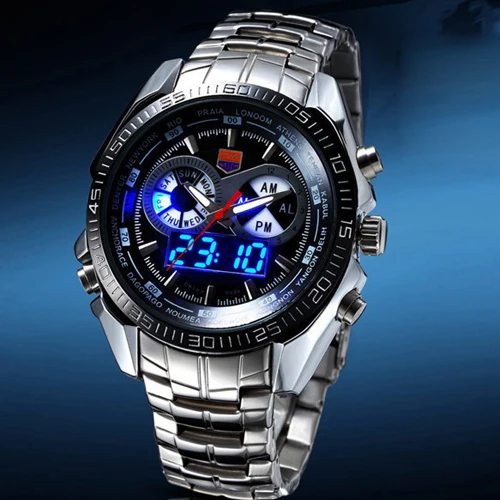 Hot TVG Male Sports Watch Men Full Stainless Steel Waterproof Quartz-watch Digital Led Analog Dual Display Men\'s Wrist Watches