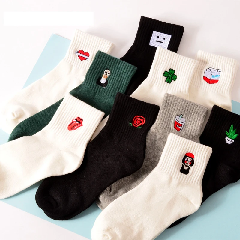 Korean Harajuku Funny Cartoon Black White Short Sock Novelty Women Milk Box Beard Rose Heart Radio Embroidery Cotton Ankle Socks