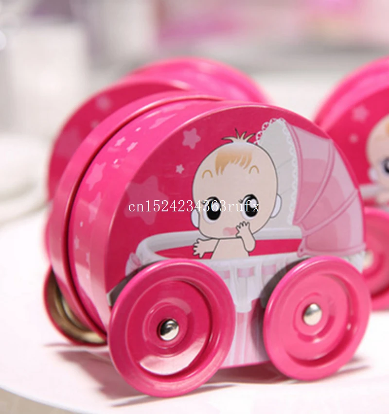 50pcs Baby girl trolley candy boxes pink blue biscuit gift box for party chocolate metal tin boxes