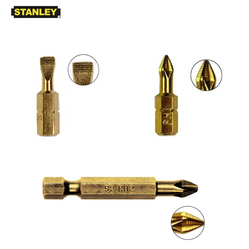 Stanley 10pcs 1/4" 25mm 50mm Titanium coated screwdriver bit kits anti-slip screw driver bits flat 4mm crosshead PH0 PH2 PH3 S2