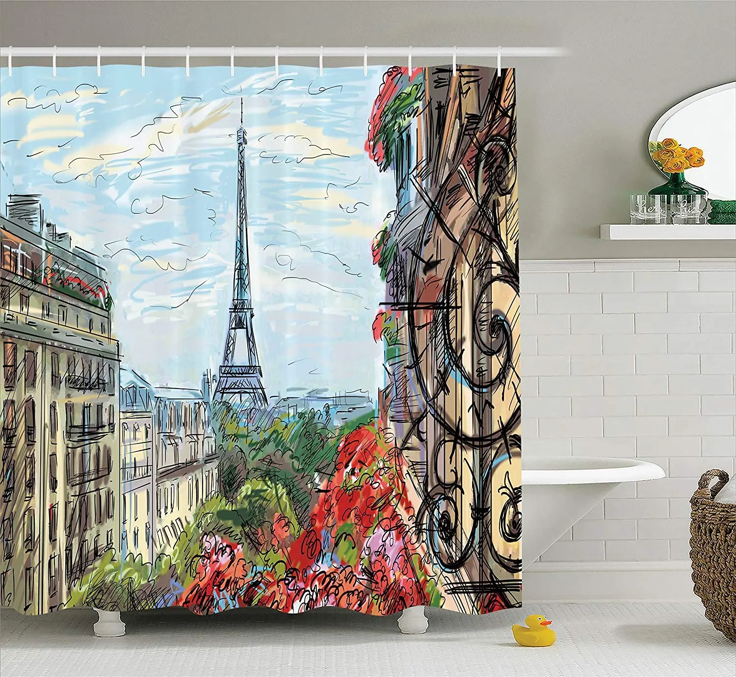 Street in Paris Town Traffic Trees Downtown Urban Life Exterior Monument Scene Print Polyester Fabric Bathroom Shower Curtain