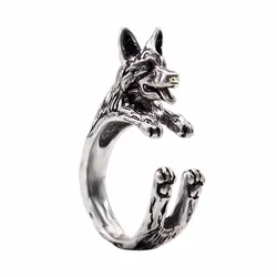 Kinitial Fashion Ring Unique Handmade Boho Chic Retro German Shepherd Ring Adjustable Finger Rings Pet Lovers Gift Idea Jewelry