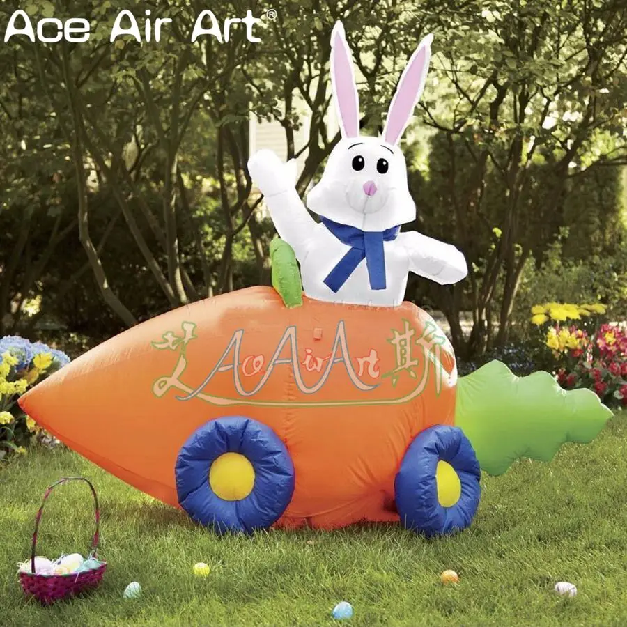 

Outdoor Funny Inflatable Little White Bunny in the Carrot Car for Easter Events