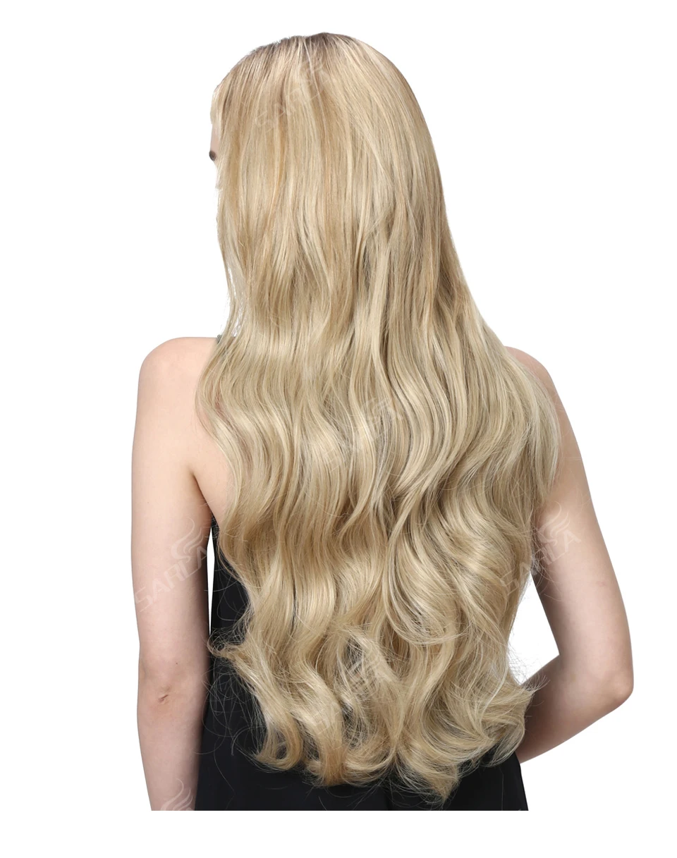 Elegante Premium-Synthetik-U-Teil-Perücke, halb nach oben, halber Unten und Kopf, 3/4 Clip in lockigen, schwarzen, blonden, dunkelbraunen Haarverlängerungen, 76,2 cm – Detail 14