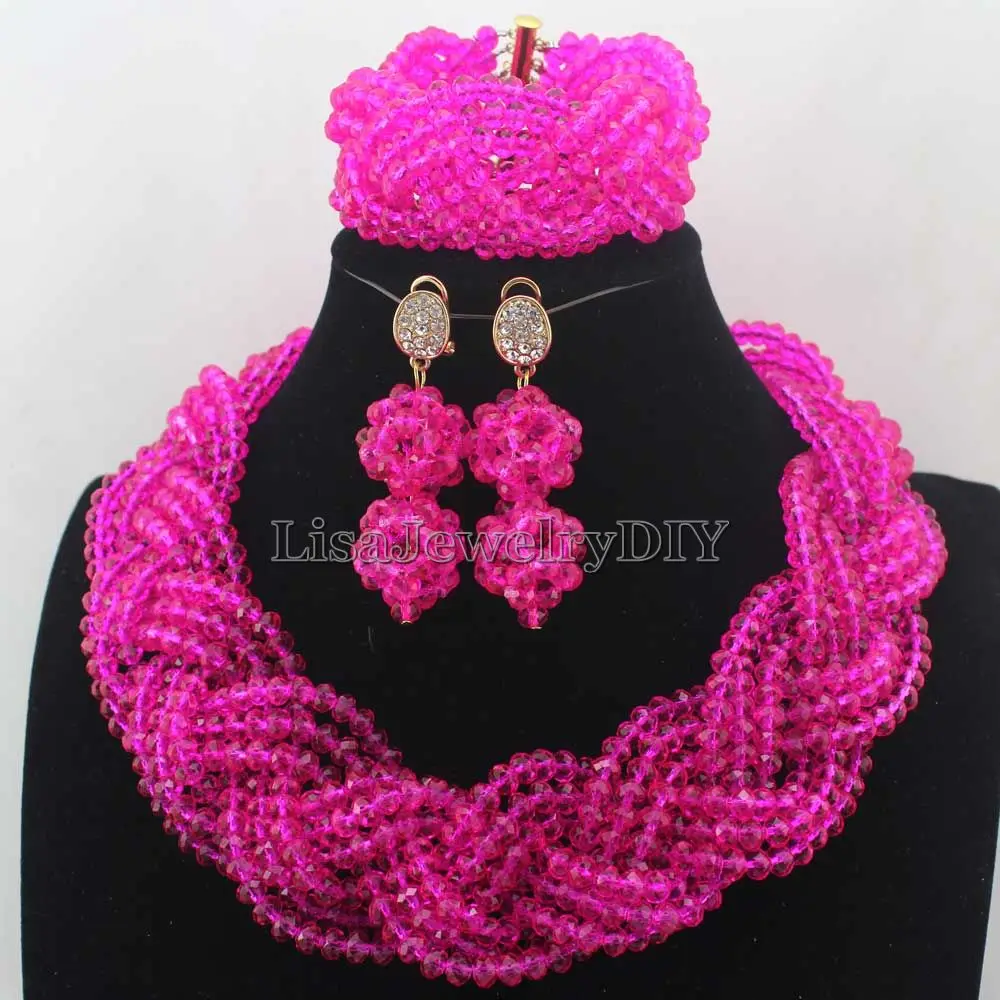

2019 Fashion Hot Pink Women Costume Nigerian African Beads Jewelry Set Crystal Free Shipping HD7674