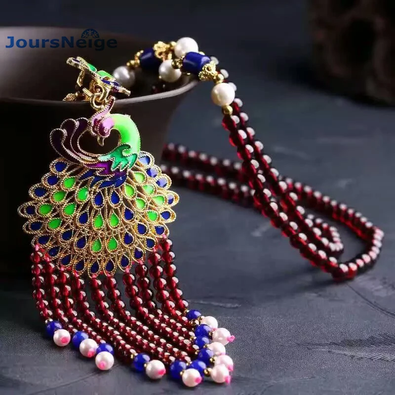 

Wholesale Natural Garnet Stone Necklace Roasted Blue Peacock Pendant Lucky for Women Girl Sweater Chain Necklace Jewelry