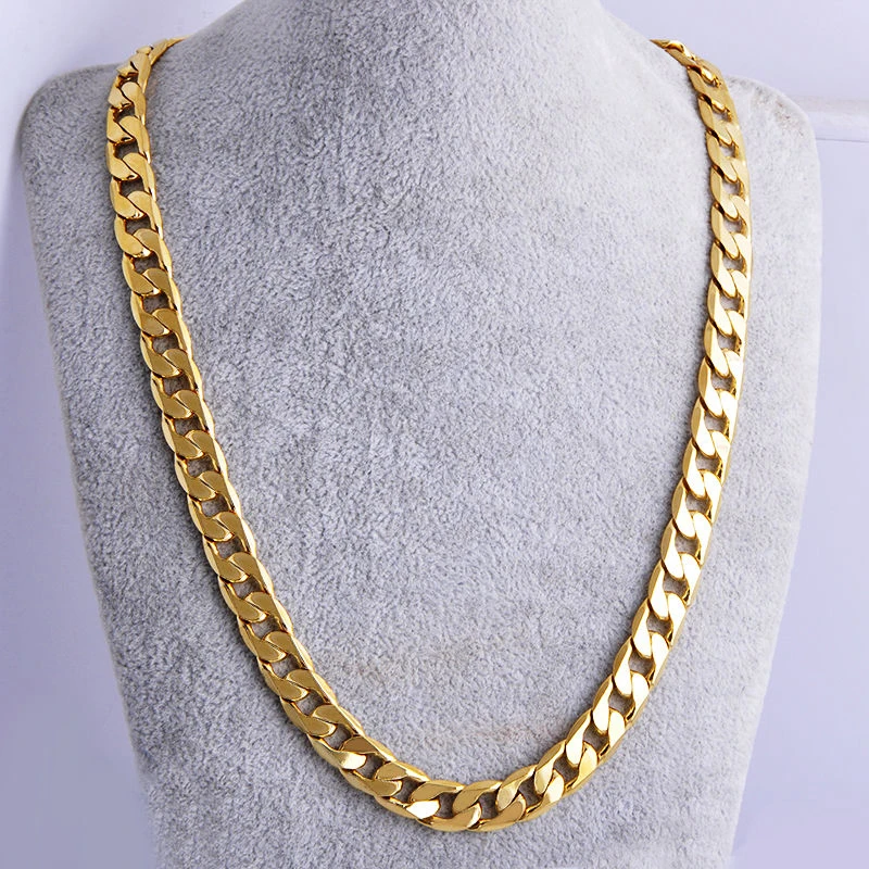 High quality 18 K YELLOW Solid GOLD GF FLAT RIM CURB CHAIN WOMEN MEN SOLID CHARM 23.6INCH NECKLACE 10MM