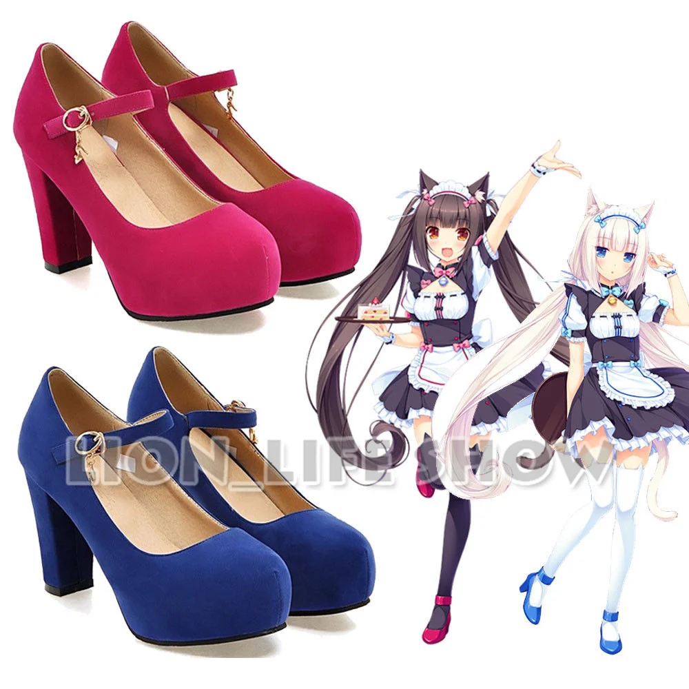 Nekopara chocolate baunilha anime maidservant lolita azul vermelho cosplay sapatos de salto alto bombas