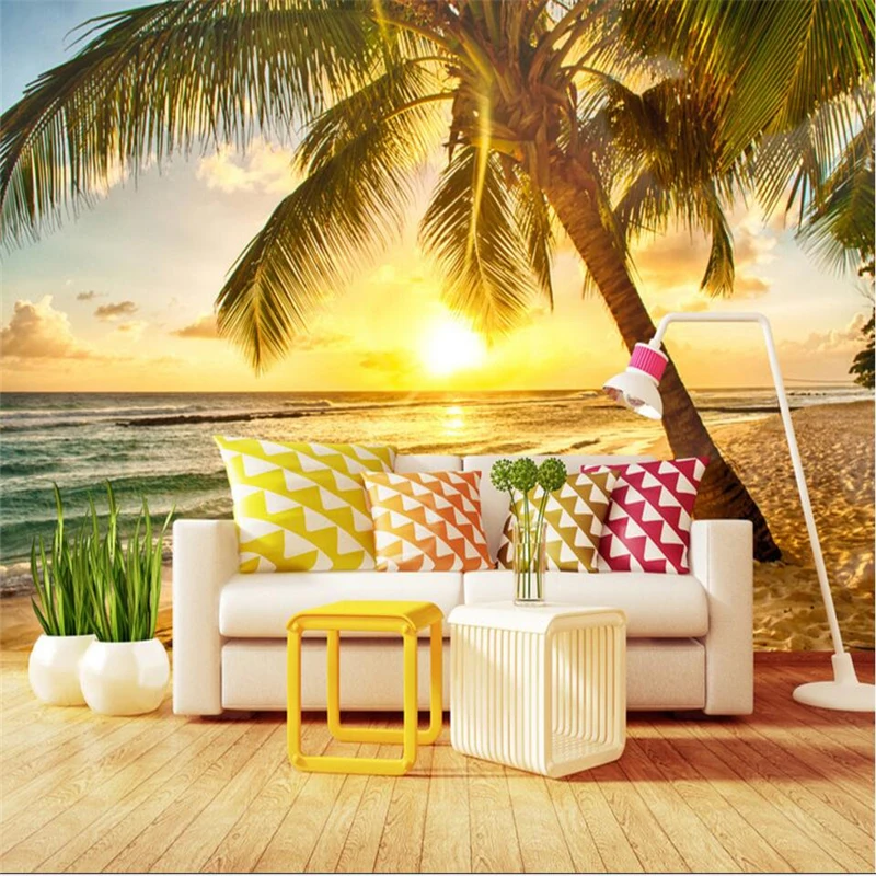 beibehang Seaside scenery sunset coconut palm beach background wall custom large fresco wallpaper papel de parede para quarto