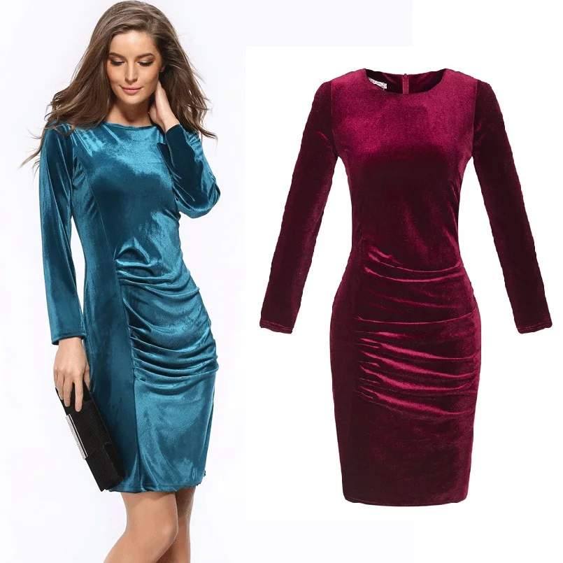 HOOYI Women 2019 Autumn Office Dress Plus Size Bodycon velvet Dresses Pencil