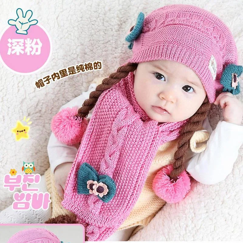 Doitbest False braids Child Knitted hats winter two flowers 2 pcs baby girl scarf hat set Age for 6 months-3 Years Old MZ4188