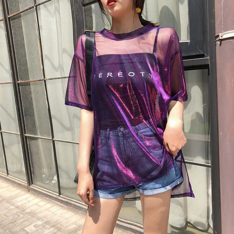 2019 Fashion Hollow Out T Shirt Women Sexy Transparent Summer Female Tops Casual Short Sleeve Two Women Sets T-Shirts+Vest