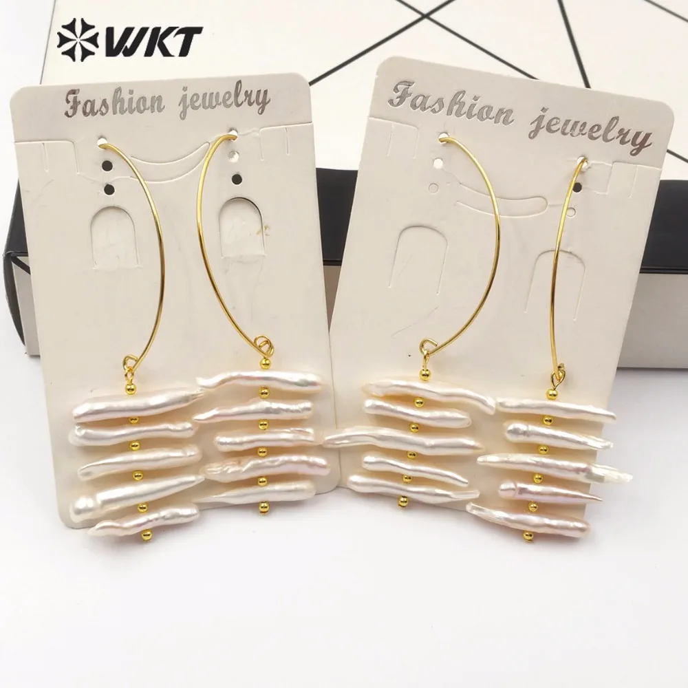 

WKT WT-E520 Natural Pearl Statement Earring Gold Semi-open Ellipse Metal Hoop With Random Size Strip Pearl Earrings For Wedding