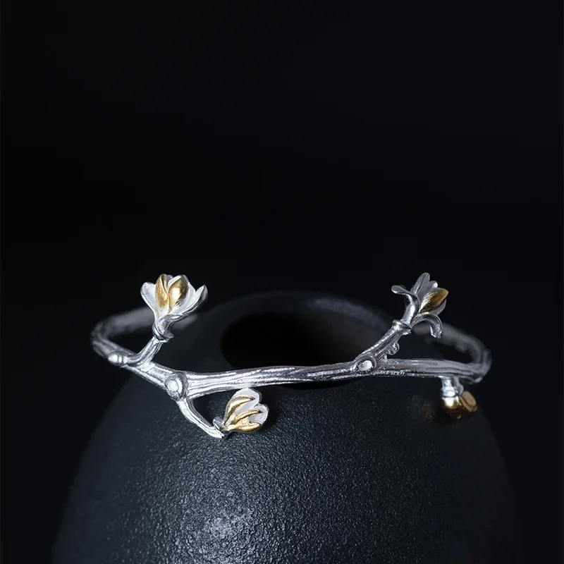 Amxiu Vintage Two Tones Color Open Bangle 100% 925 Silver Branch Flower Bangles Jewelry For Women Bijoux Valentine's Accessories