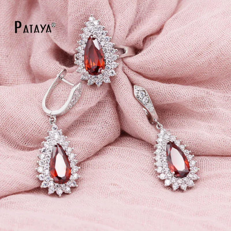 

PATAYA New Water Drop Jewelry Sets True White Gold Color Fine Light Blue Zirconia Crystal Big Earrings Ring Set Bride Jewelry