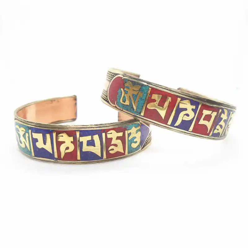 BB-193 Tibetan Mantras Amulet Open Cuff Bangles OM MANI PAD ME HUM Bangle Red Copper Inlay Colorful Stone