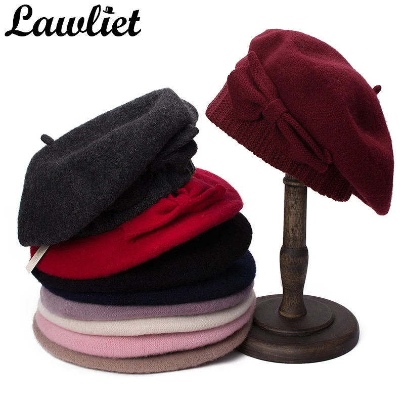 Lawliet Womens Beret Winter Cap 1920s Chic Style 100% Boiled Wool Bow Details Winter Beanie Skullies Basque French Artist Bonnet