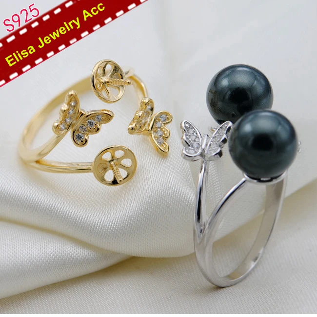 Two Butterflies Pearl Rings Fittings S925 Sterling Silver Butterfly Pearl Rings Components Adjustable Pearl Rings Acc 3Pcs/Lot