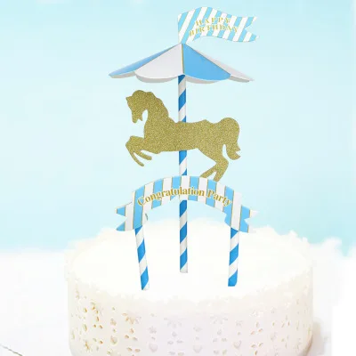 Diy Happy Birthday Cake Flags Carousel Blue Pink Congratulation Party Cake Topper For Birthday Wedding Party Cake Decor