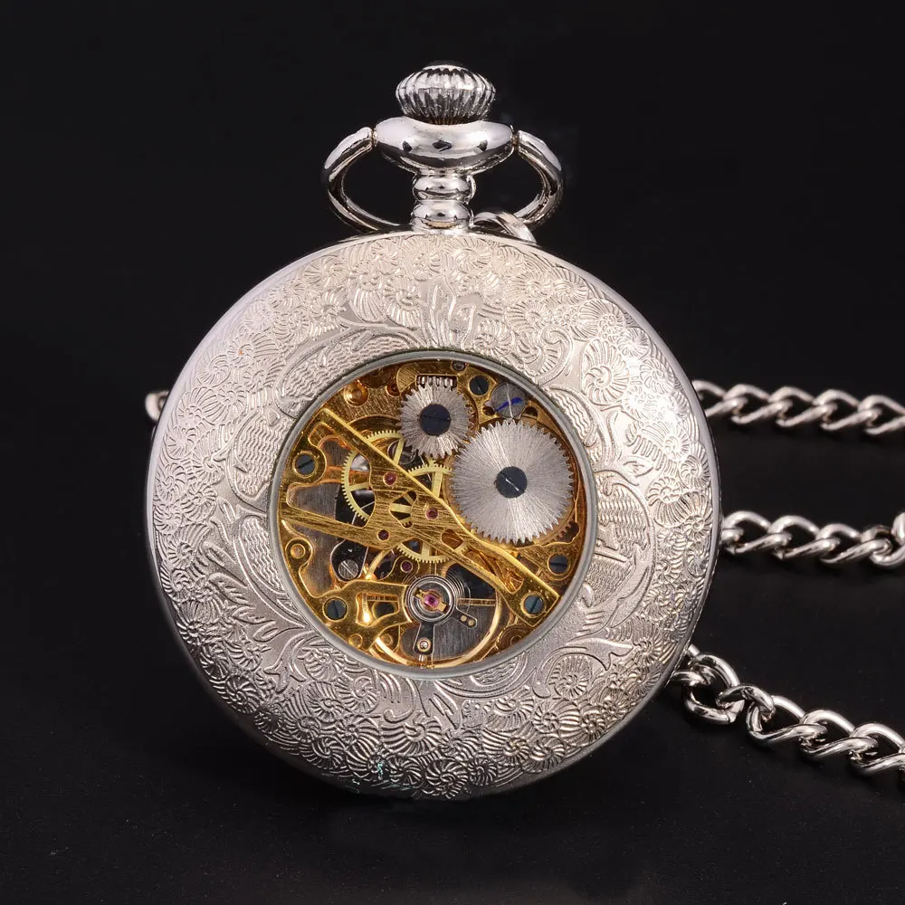 Classic Silver Flower Case Skeleton Dial Male Relogio De Bolso Chain Clock Vintage Men Hand Wind Mechanical Pocket Fob Watch