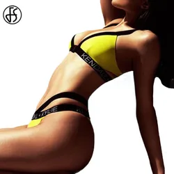 FS High Waist Yellow KENDALL KYLIE Letter Swimsuit Bikinis Set Bandage Women Swimwear Brazilian Biquini Cut Out Bathing Suit