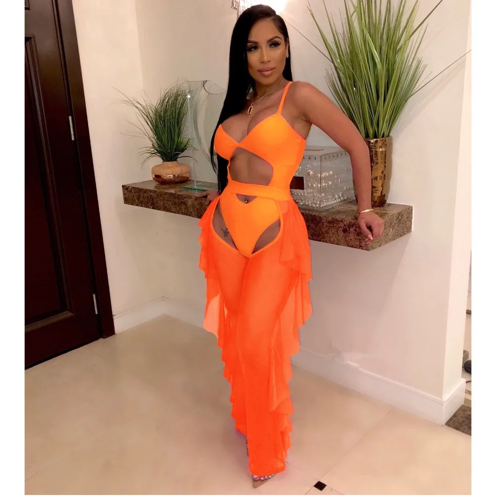 

BKLD Neon Orange Two Piece Sexy Women Spaghetti Strap Bodysuit And Sheer Mesh Pants Ruffles Beach Club Party Bodycon Outfits