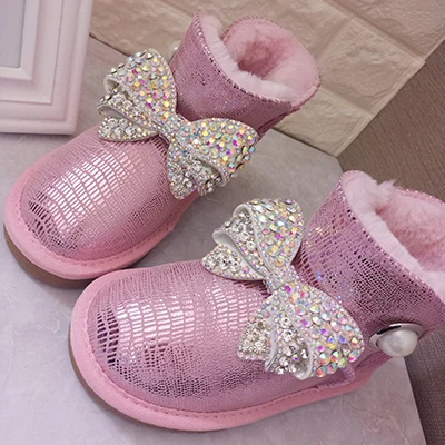 Rhinestone Bowtie Snow Boots Women\'s Genuine Leather Winter Boots Waterproof Parent-child Girls Warm Boots Fashion Kids Shoes
