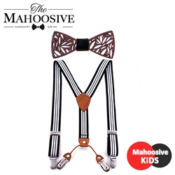 Wooden kids bow tie for boys Wedding Matching Striped Braces boys baby Suspenders Bow Tie Set Braces Belt