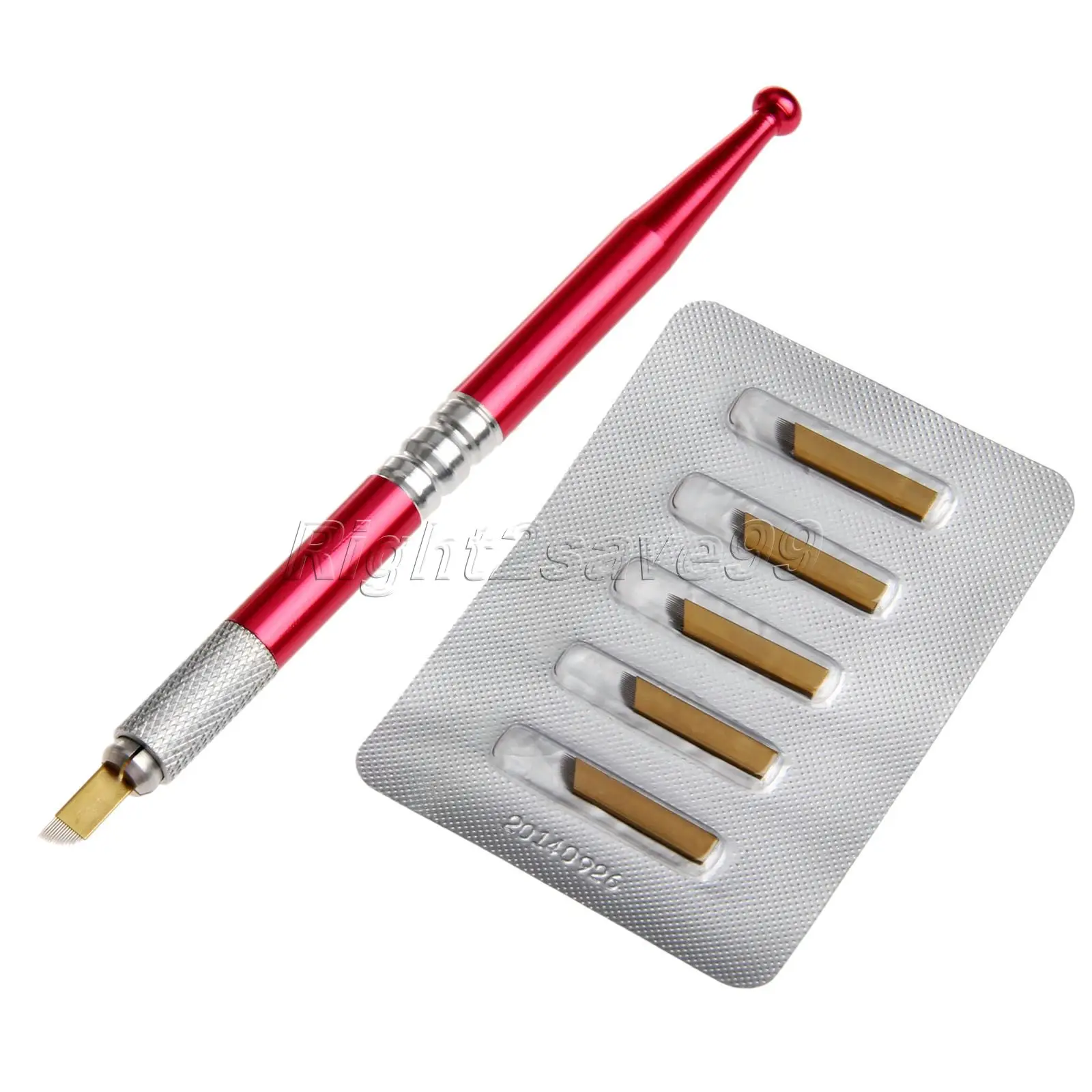 Manual Pen Tattoo Permanent Makeup Eyebrow Gun+ 5Pcs 14Pins Blade Needles for 3D Microblading Embroidery Alloy Red Sets