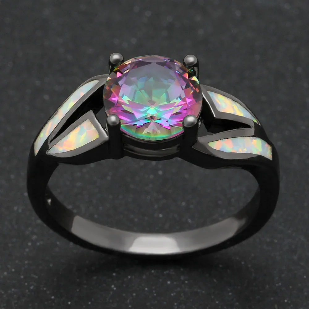 Black Gun Plated Rainbow Cubic Zirconia Fire Opal Rings for Women Hot Sale Fashion Jewelry Unique Party Cocktail Ring