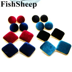 Vintage Square Velvet Yarn Button Stud Earrings For Women Fashion Gold Color Brief Geometric Round Earrings Jewelry Gifts