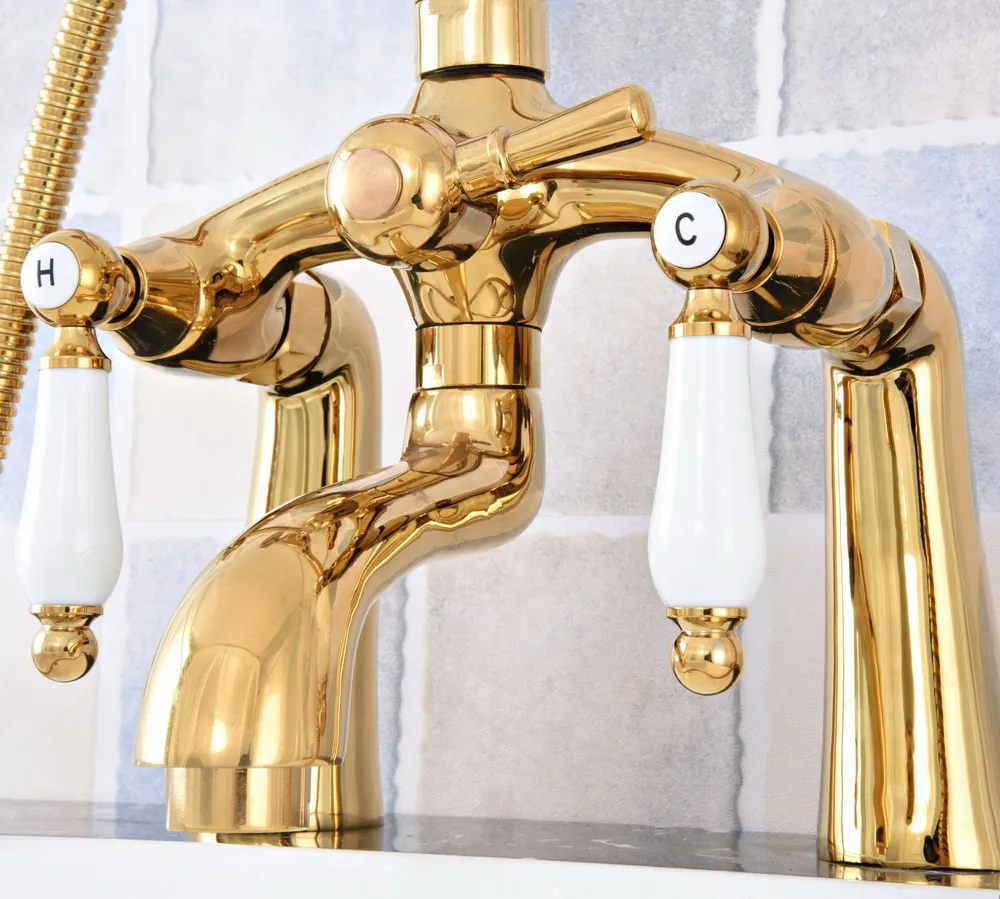 Luxury Gold Color Brass Deck Mounted Bathroom Tub Faucet Dual Handles Telephone Style Hand Shower Clawfoot Tub Filler atf790