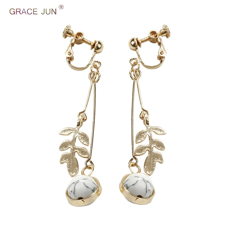 GRACE JUN Vintage Gold Color Screw Clip on Earrings No Pierced for Women Gorgeous Natrual Stone Drop Pierced Earrings Xmas Gift