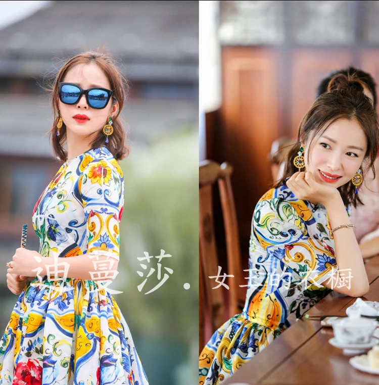 S-3XL high quality summer new with the same paragraph exquisite fashion printing short-sleeved round neck Slim thin dre